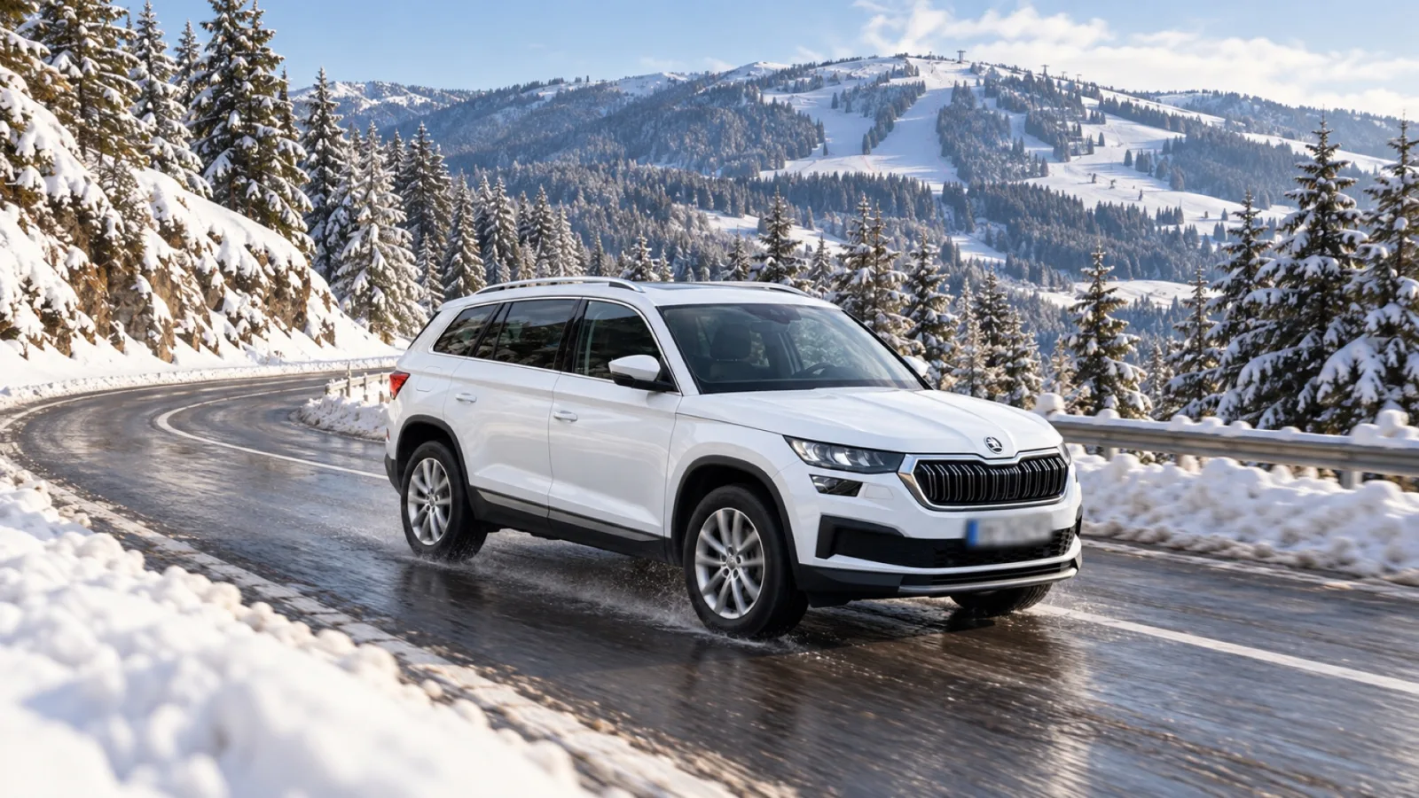 White rental SUV driving on a snowy mountain road towards Kopaonik