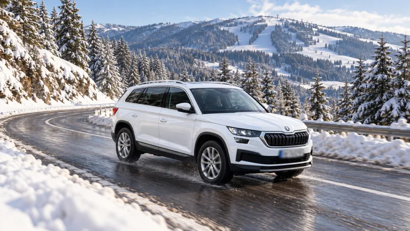 White rental SUV driving on a snowy mountain road towards Kopaonik