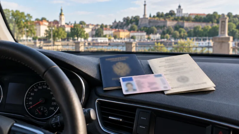 Passport and driving documents on a rental car dashboard in Belgrade
