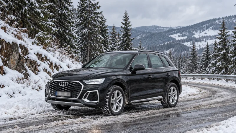 Black rental SUV with winter tyres on a snowy Serbian mountain road
